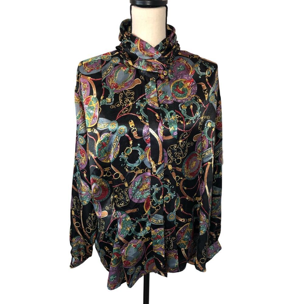 Vintage Blouse Size L XL Silky Long Sleeve High Neck Black Multi Print Buttons